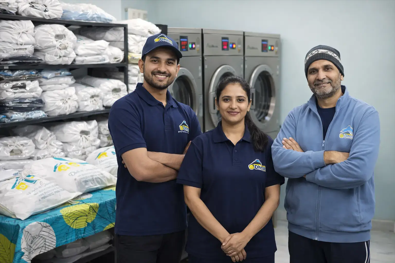 Dhobi in Chandigarh team standing in a professional laundry workspace serving Chandigarh Mohali and Kharar