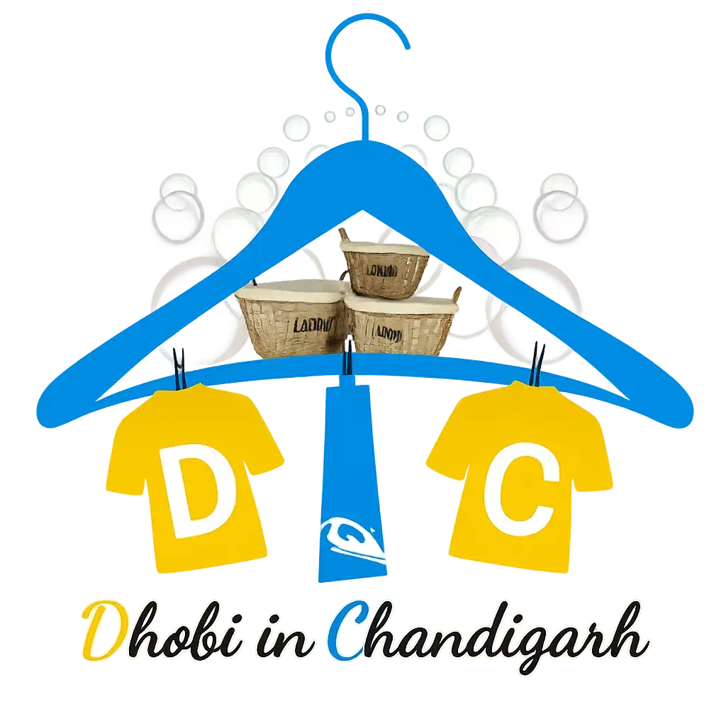 Dhobi in Chandigarh logo with hanger, laundry baskets and clothing icons