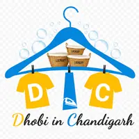 Dhobi in Chandigarh logo with hanger, laundry baskets and clothing icons